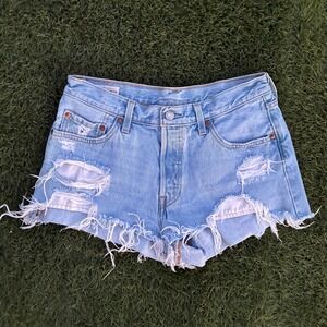 Levis Premium 501 Big E Premium W30 Distressed Denim Cut Off Jean Shorts